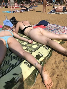 Sexy Girls in Swimsuits Lying on a Beach - Hairy Pussy