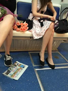 Girls in Dresses with Skinny Legs Subway Train Candid Photos