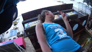 Skinny sexy girl buying ice cream in tight spandex shorts with a nice ass, gap, and camel toe