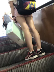 Skinny Teen with Thin Muscular Legs Subway Escalator Candid