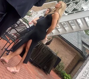 Beautiful blonde pregnant pawg in black dress