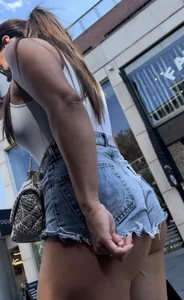 Tiny denim shorts cheeks out (OC)