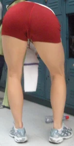 Red shorts and a tasty-looking cameltoe from the back