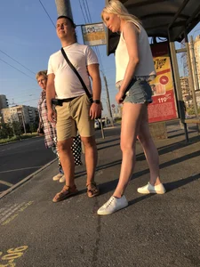 Blonde With Gorgeous Legs in Denim Shorts at the Bus Stop Creepshots Gallery