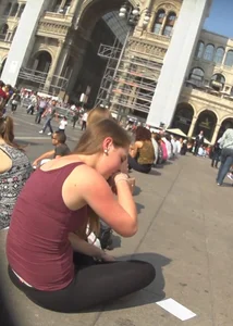 Cute girl with see thru leggings showing her thong and nice ass