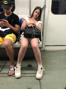 Cute Sleepy Girl in Shorts Asleep in Subway Candid Photos