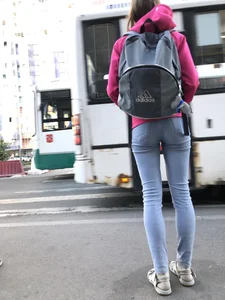 Perfect Skinny Ass and Legs in Tight Blue Jeans Creepshots Series at a Crosswalk