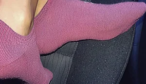 Hot girlfriend's photos sitting on the grass and in the car - closeups of her feet in socks and her ass in panties and shorts