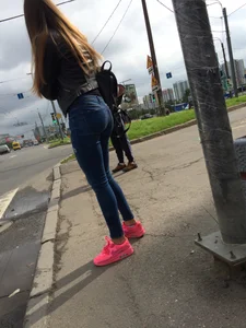 Hot Girl in Tight Blue Jeans And Bright Pink Sneakers on a Crosswalk Street Booty Creepshots Collection