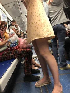 Cute Girl in a Dress with Skinny Legs in Sandals Subway Train Candid Photo
