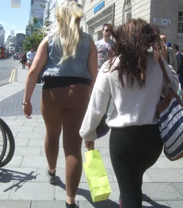 Thick blonde showing her panties in see through leggings