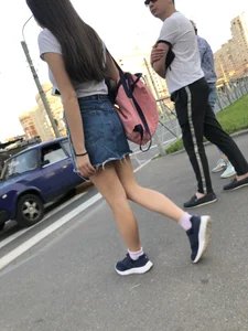 Girl in Denim Skirt with Hot Skinny Legs Street Candid