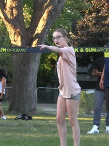 Nerdy blonde teen plays in tight short shorts