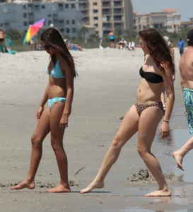 Brunette and redhead on the beach in bikinis looking sexy
