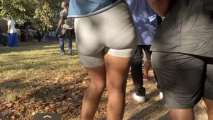 Tight ass in gray leggings bodysuit