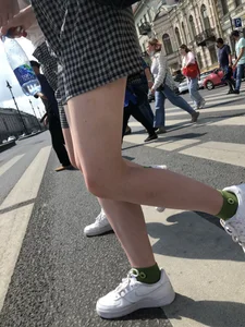 Two Teen Girls in Matching Shorts With Slim Legs on the Crosswalk Large Creepshots Gallery