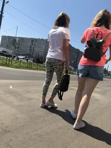 Candid girls passing by, denim shorts and nice pale legs