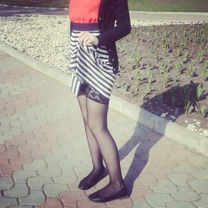 Teen in Striped Skirt, Black Stockings and Flats Street Creepshot