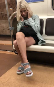 Cute Teen Blonde in Sandals And Shorts Subway Train Creepshots