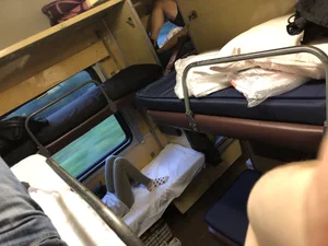 Cute Legs in Grey Yoga Pants and Socks in the Train Sleeping Car Creepshot