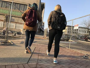 A hot blonde with beautiful smile and nice ass in leggings