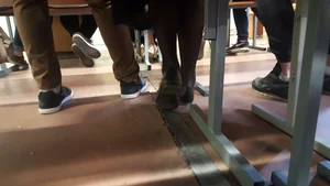 College Teen's Legs in Dark Pantyhose And Feet in Flats Classroom Under Desk Creepshots
