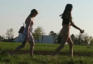 Talking to two cute candid German girls in shorts