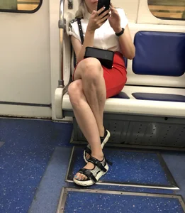 Girl in Sandals and Red Skirt With a Tattoo on Her Leg Hot Subway Train Creepshots