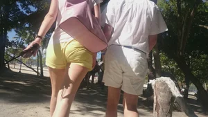 Milf in yellow shorts with vpl and a wedgie