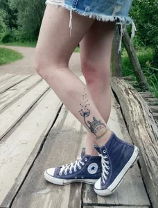 Hot Legs in Denim Skirt with a Cute Totoro Tattoo in the Countryside