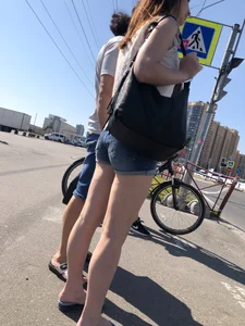 Hot Pale Legs in Denim Mini Shorts on the Crosswalk Street Creepshots Collection