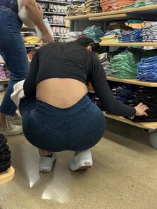 Slim latina in blue leggings squatting and shopping (oc)