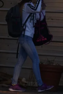 Girl next door teen walking to car in various tight jeans