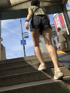 Candid Girl in Mini Shorts With Skinny Hot Legs and Booty Walking Up the Stairs Creepshots Gallery