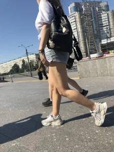 Stocky Girls in Denim Shorts on the Street Stairs Nice Legs Candid Photos