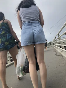 Sexy Butt And Legs in Denim Shorts - Candid Girl in Sandals Walking Up the Stairs Creepshots Gallery