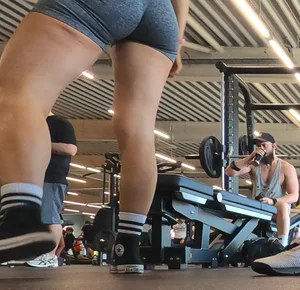 Cute gym blonde with orange hair ribbon