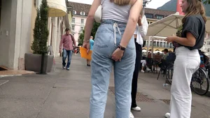 Student in tight jeans out and about