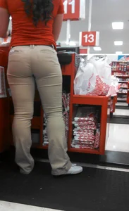 Big Booty in Tight Pants at the Cash Register Closeups