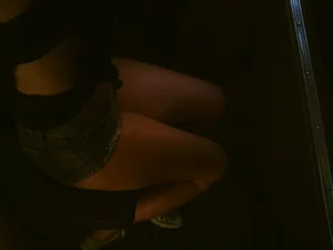 Sexy girl on the bus in jean shorts with nice legs and cleavage