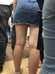 Ass in Blue Denim Skirt and Sexy Legs with Bruisers Subway Train Creepshot Closeup