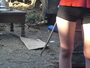 Sexy Legs in Spandex Shorts Crotch Closeup Creepshot
