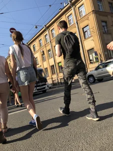 Skinny Legs in Denim Shorts City Street Candid Pics