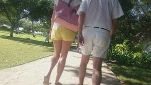 Milf in yellow shorts with vpl and a wedgie