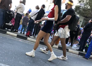 Carnival girls wearing pantyhose, spandex shorts, stockings, skirts and other outfits
