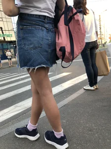 Girl in Denim Skirt with Hot Skinny Legs Street Candid