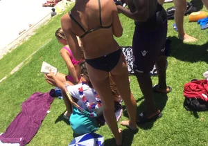 Hot Girl in Swimsuit On the Lawn in a Park Candid Photos
