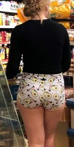 Nice Ass in Shorts With Cute Avocado Pattern and Hot Legs at the Supermarket Creepshot