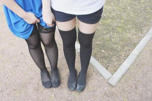 Teens in Black Stockings and Flats City Candid