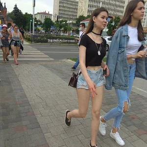 Cute Girl in a Top and Denim Mini Shorts Street Creepshot